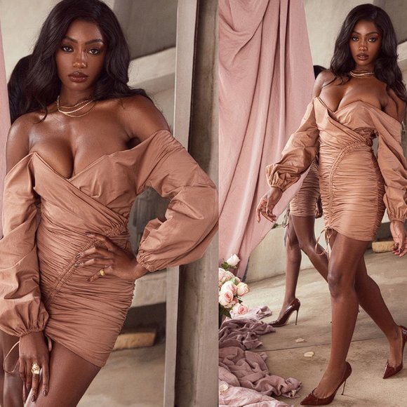 HOUSE OF CB 'Indra' Mocha Off The Shoulder Wrap Mini Dress NWOT - Picture 1 of 13